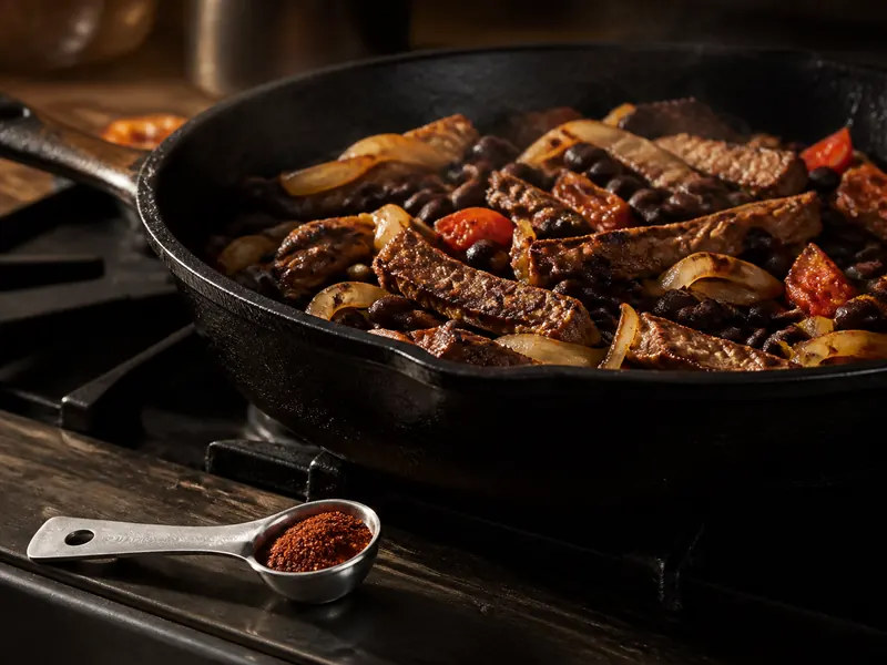 A small chipotle powder measure beside black beans and charred beef in a dark skillet