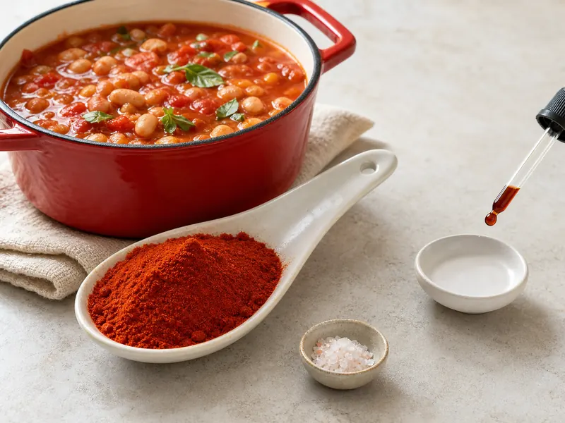 A large regular paprika measure, tiny smoked salt pinch, and one dark liquid-smoke drop beside tomato bean stew