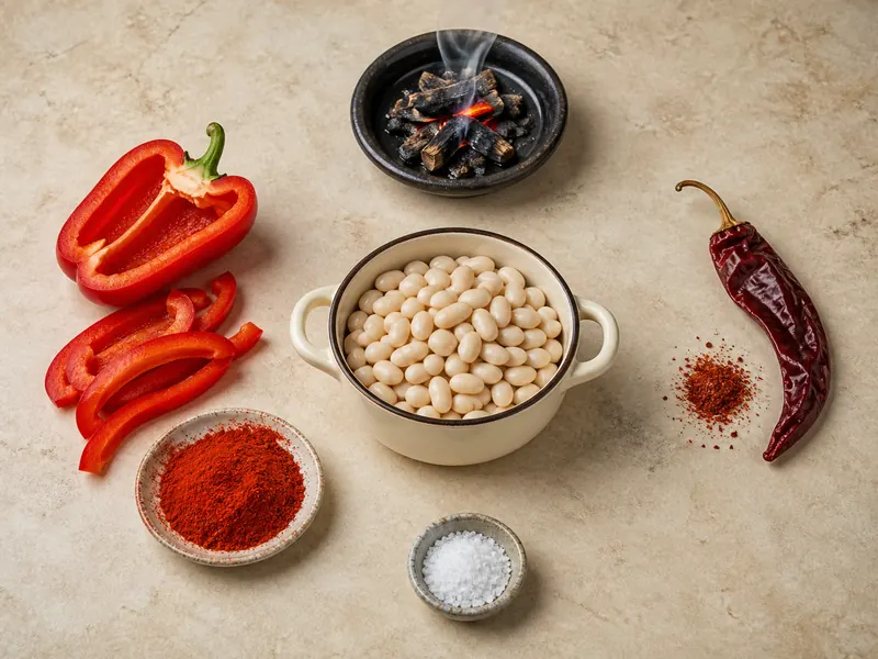 Red paprika color, mild pepper body, and wood smoke arranged as separate inputs around bean stew
