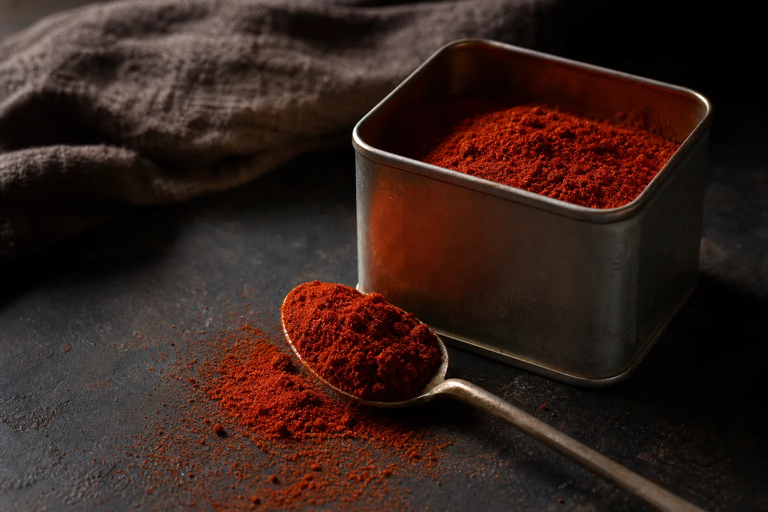 A small tin of deep red Spanish smoked paprika with a spoonful poured out on a dark surface