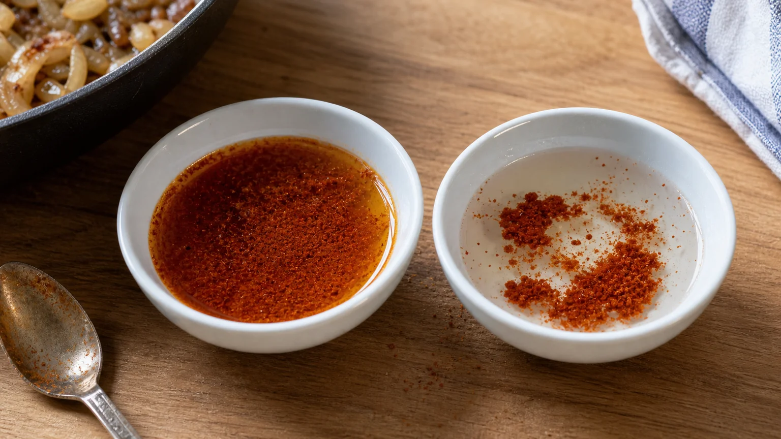 Two bowls show red spice blooming into oil beside the same spice clumping in clear water