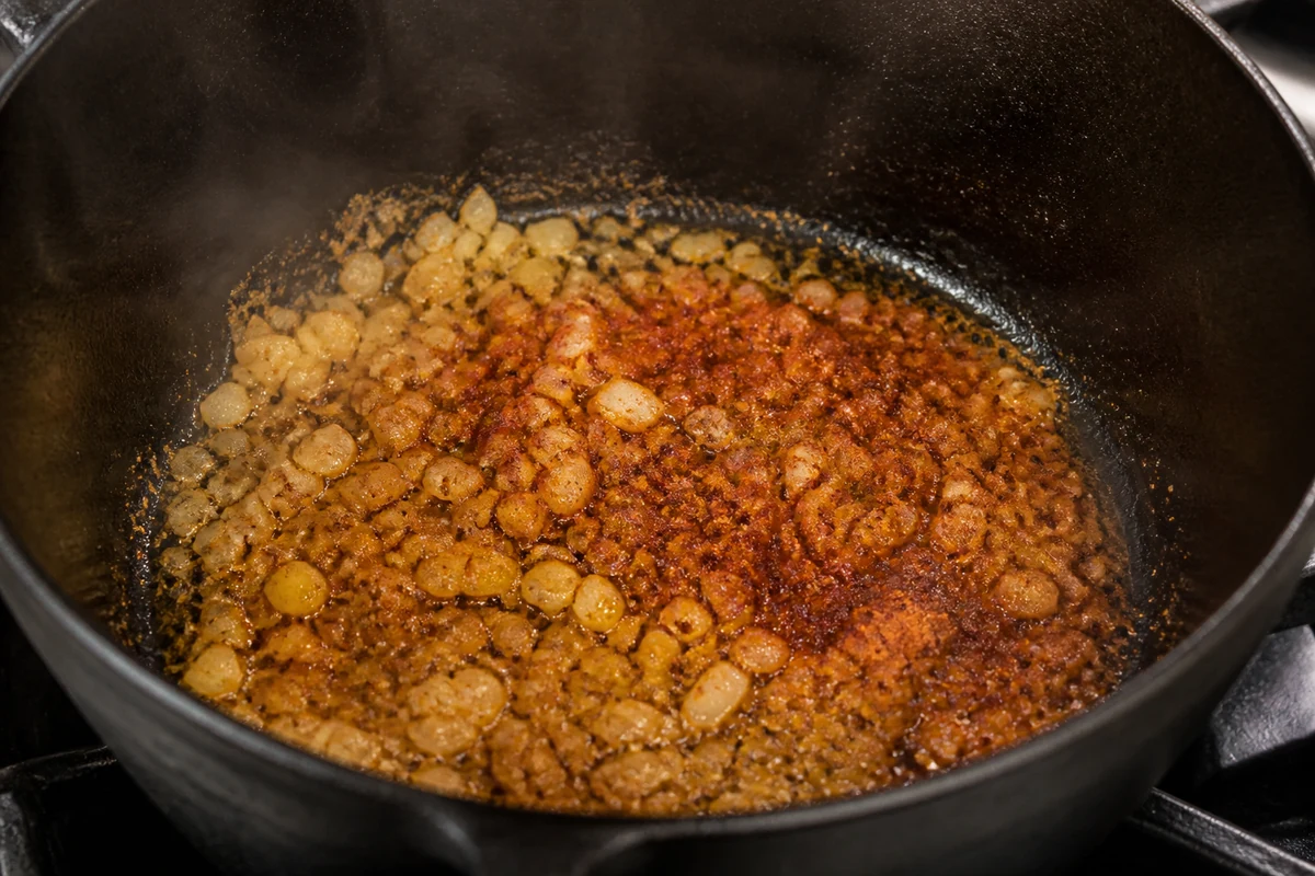 Ground spices sizzling and darkening in hot oil in the bottom of a heavy pot with onions before liquid is added - blooming spices at the start of a stew | KnowTheSpices
