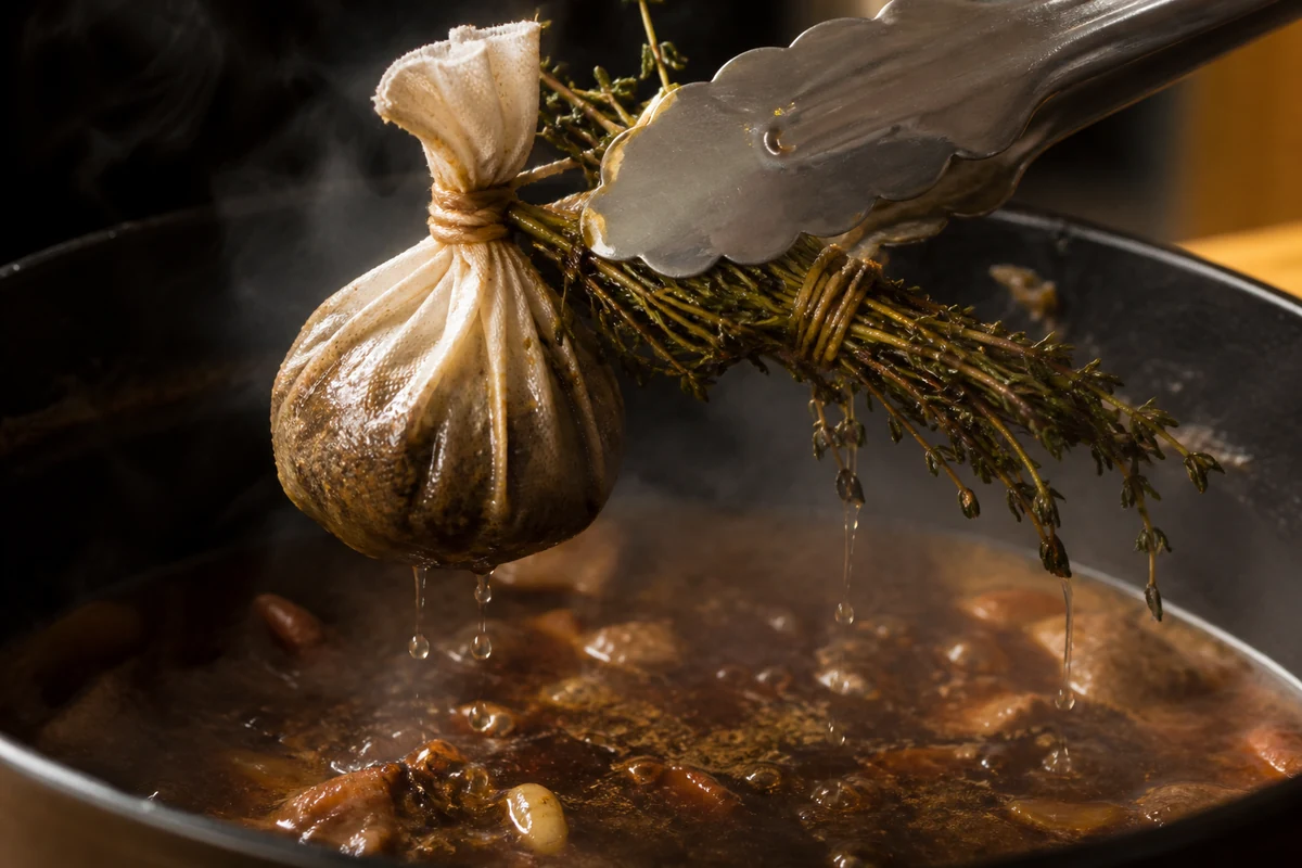 A small muslin bag of whole spices and a tied bundle of herb stems being lifted out of a finished stew with tongs - keeping whole spices retrievable | KnowTheSpices