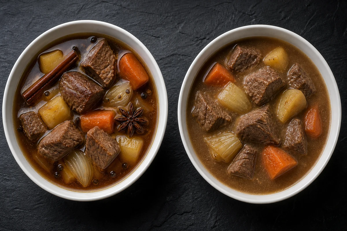 Two bowls of the same stew after an hour, one clear with an intact cinnamon stick and whole peppercorns and one cloudy and muddy brown from ground spices - whole against ground spices in a long simmer | KnowTheSpices
