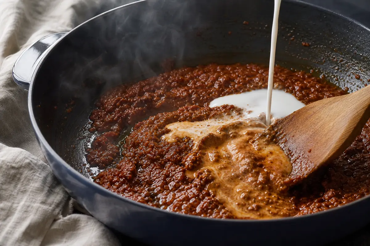Coconut milk loosening glossy fried spice paste in an enamel skillet - adding liquid to spice paste | KnowTheSpices
