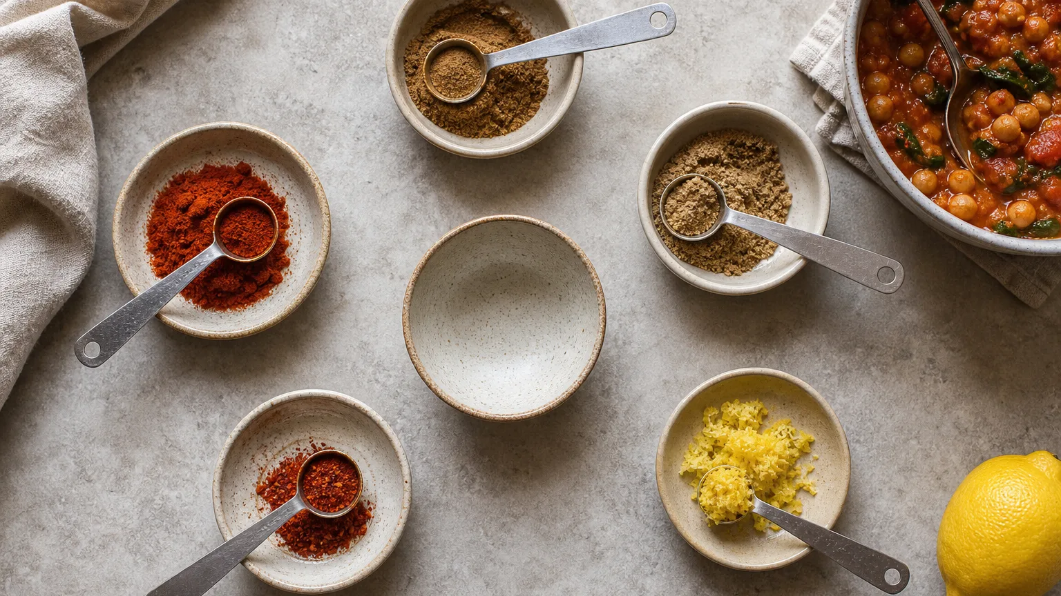 An empty spice bowl surrounded by measured substitutes for color, earthiness, heat, and brightness