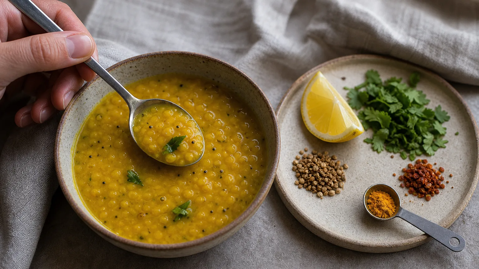 A spoon tasting lentil soup beside lemon, herbs, toasted coriander, chile, and a small substitute spice spoon
