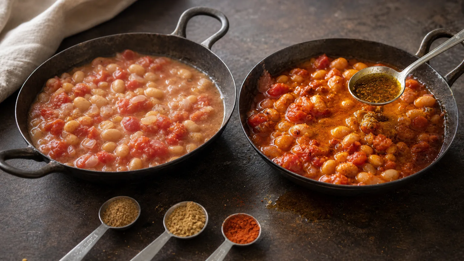Two small stew pans showing a spice oil correction beside a flat tomato bean base