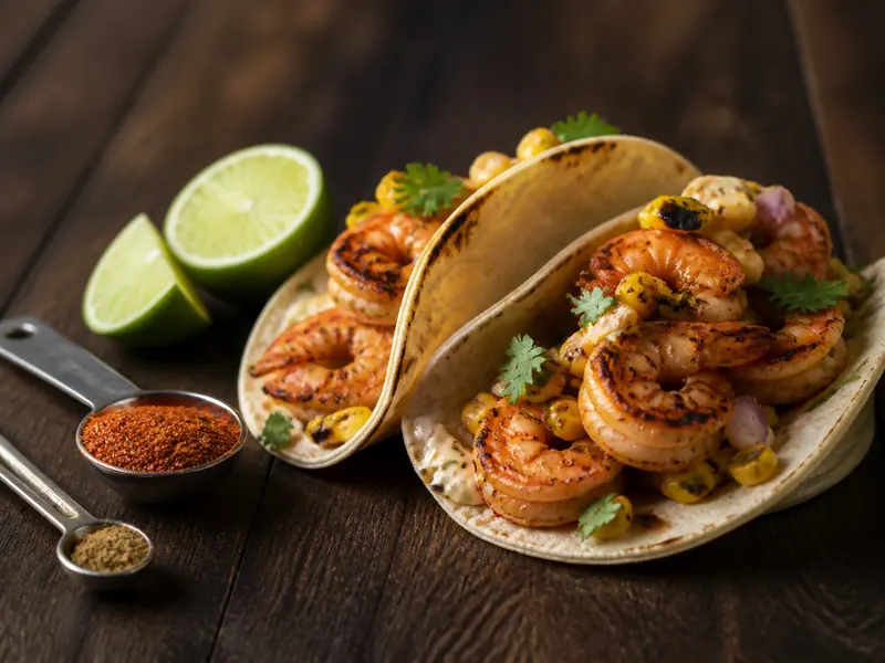 Small Cajun seasoning and cumin measures beside charred shrimp and corn tacos with lime