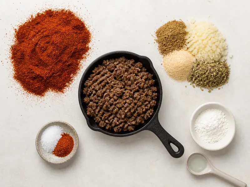 Chile, cumin and aromatics, salt, and starch arranged as separate jobs around plain browned meat