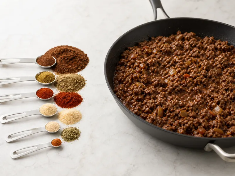 Unequal chili powder, cumin, paprika, garlic, onion, oregano, and cayenne measures beside glossy ground beef