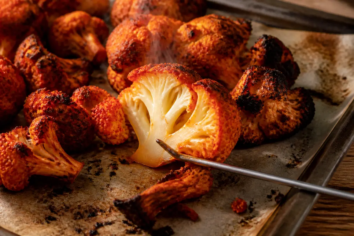 Charred tandoori cauliflower on a roasting tray with one split tender floret