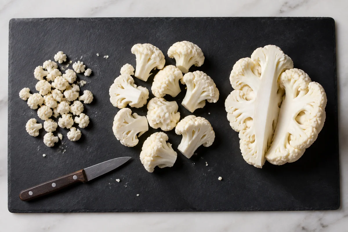 Tiny cauliflower buds, two-inch florets, and a split core-heavy piece arranged by size on a slate board
