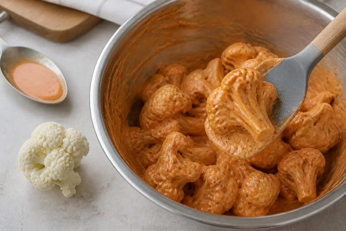 Cauliflower florets coated in thick orange tandoori yogurt marinade in a steel bowl