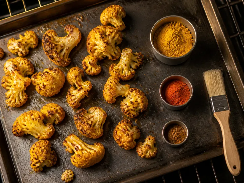 Curry powder, paprika, and garam masala measures beside widely spaced roasted cauliflower