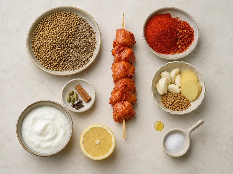 Coriander, cumin, red pepper, aromatics, warm spices, yogurt, lemon, and salt arranged around one coated skewer
