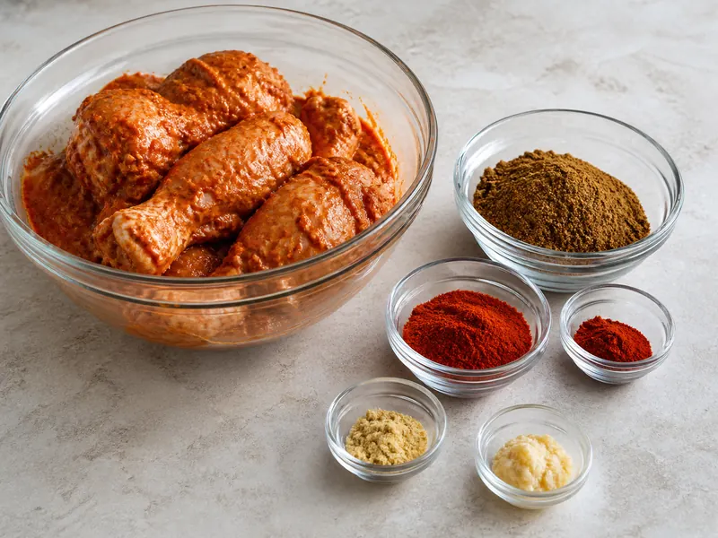 Unequal garam masala, paprika, mild chile, ginger, and garlic measures beside brick-red chicken marinade