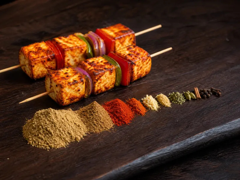 Descending coriander, cumin, paprika, chile, aromatics, and warm spice measures beside grilled paneer skewers