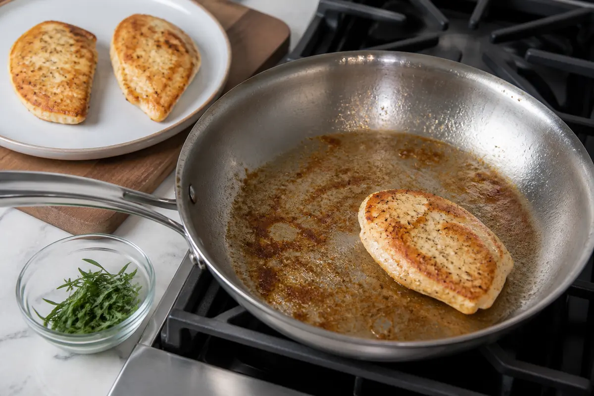Golden chicken cutlets beside amber fond in a stainless skillet