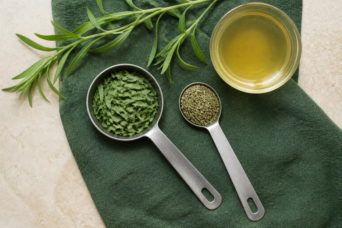 One tablespoon chopped fresh tarragon beside one teaspoon dried tarragon and a small cup of warm stock
