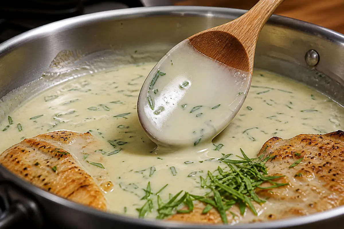 Creamy tarragon pan sauce coating a wooden spoon beside browned chicken cutlets