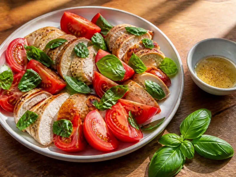 Torn basil leaves over sliced tomato and roast chicken beside a small vinaigrette bowl