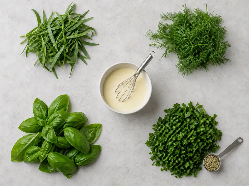 Narrow tarragon leaves, feathery dill, broad basil, parsley, and a tiny fennel seed measure around cream sauce