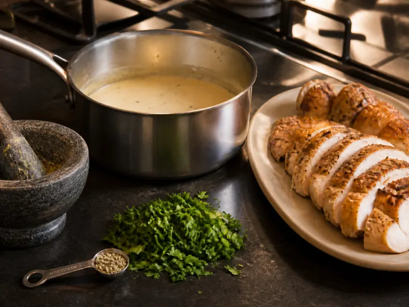 Large chopped parsley portion and tiny crushed fennel seed measure beside butter sauce and sliced chicken