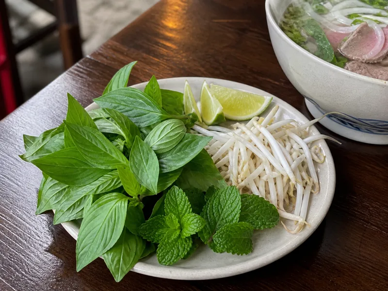 Sweet basil and a smaller amount of spearmint on a pho garnish plate - thai basil substitutes | KnowTheSpices