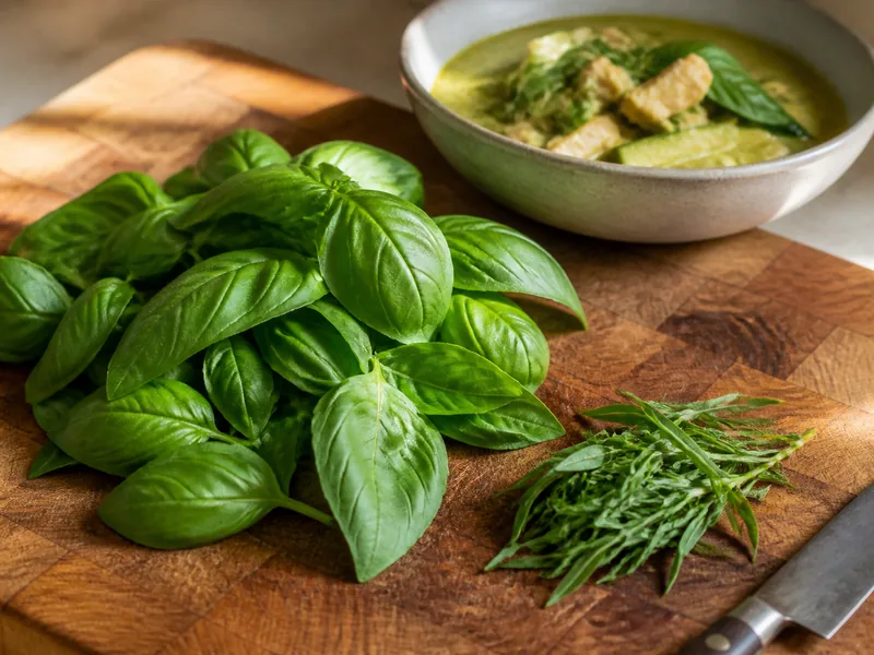 A large sweet basil pile beside a smaller fresh tarragon portion and green curry - thai basil substitutes | KnowTheSpices
