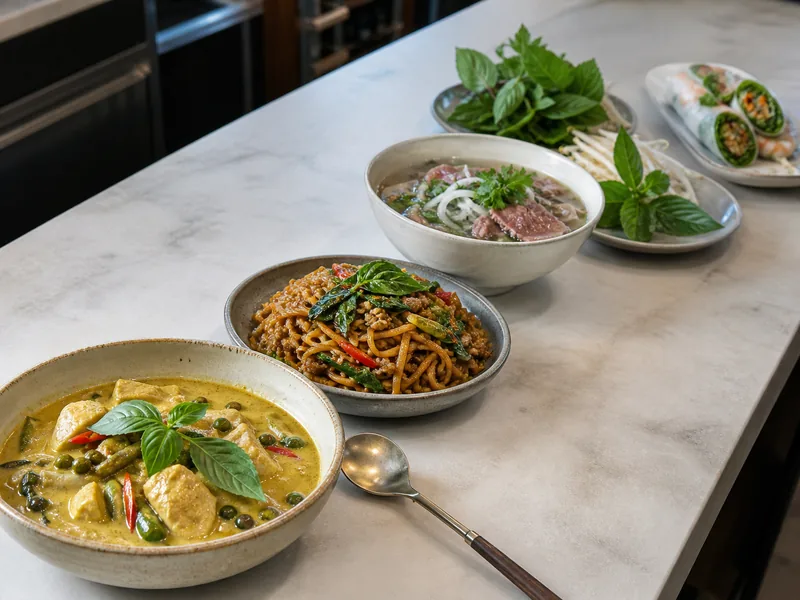 Coconut curry, wok noodles, pho garnish, and fresh rolls with different herb treatments - thai basil substitutes | KnowTheSpices