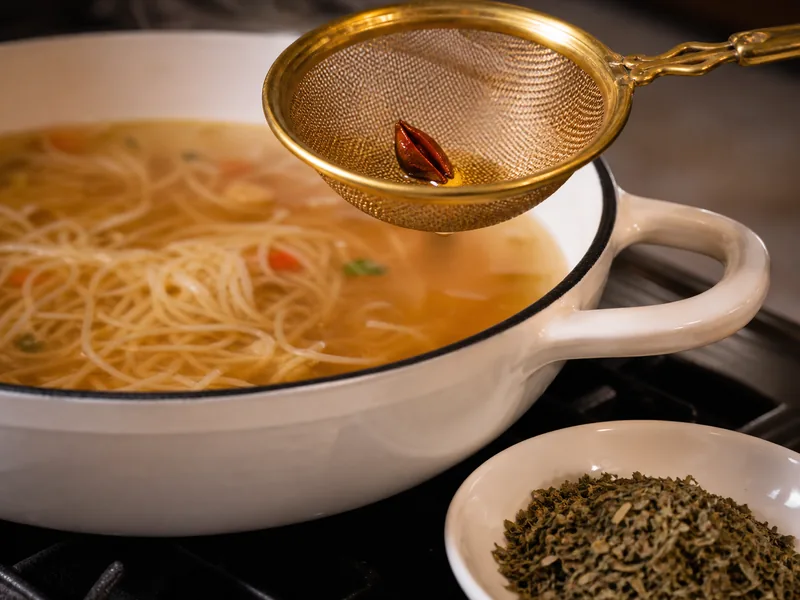 One star anise point lifted from broth beside measured dried basil - thai basil substitutes | KnowTheSpices