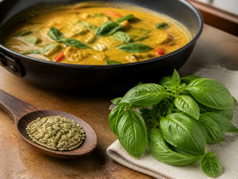 Fennel seeds measured beside sweet basil and coconut curry - thai basil substitutes | KnowTheSpices