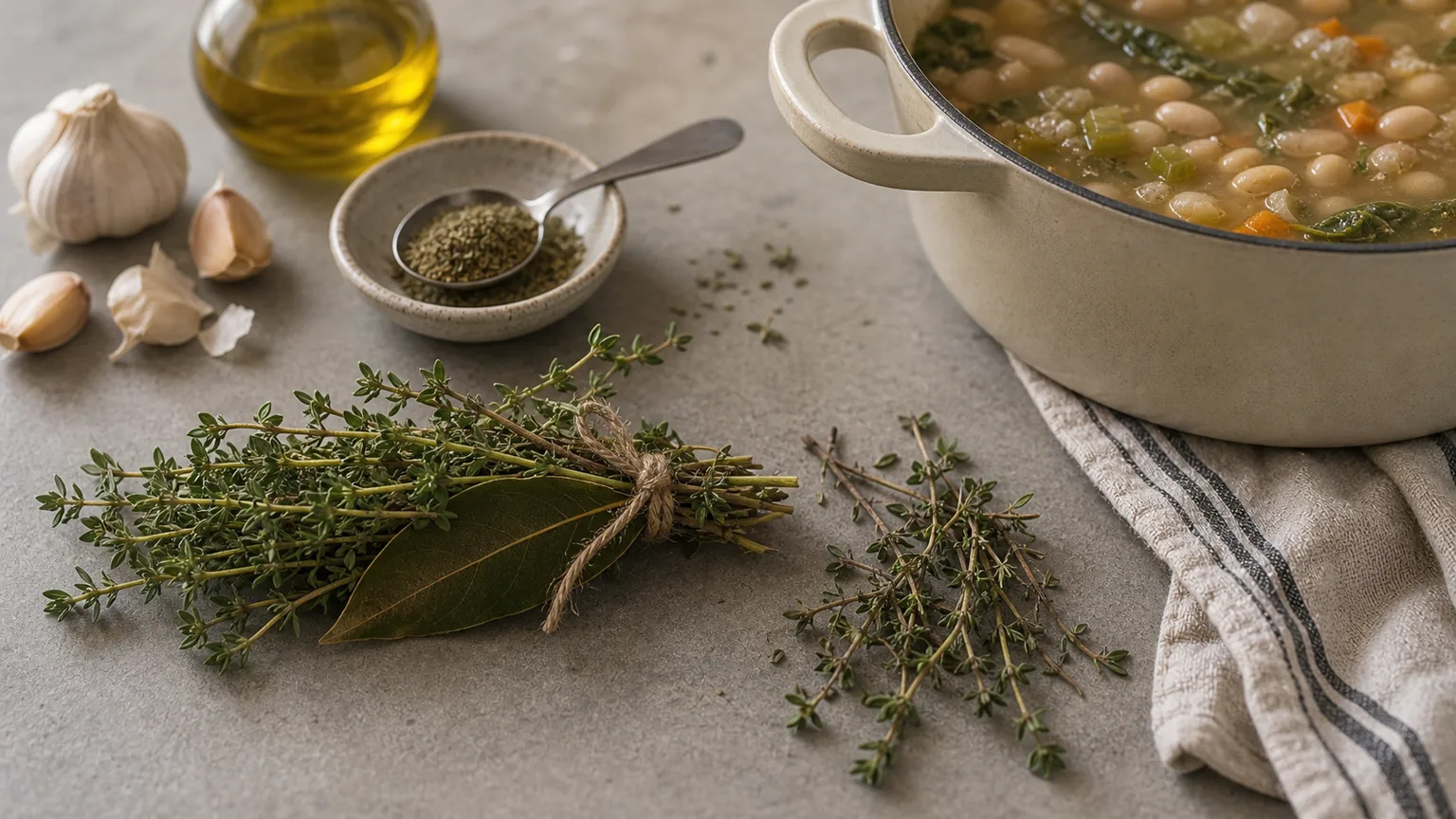 A tied bundle of thyme sprigs, bay leaf, and parsley resting in a pot of simmering beans