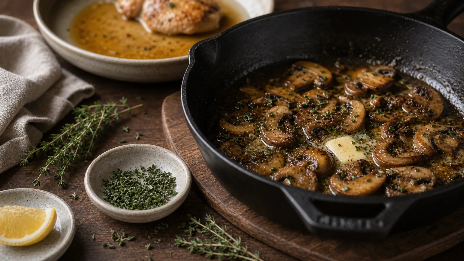 Thyme leaves stirred into a skillet of mushrooms cooking down into a pan sauce