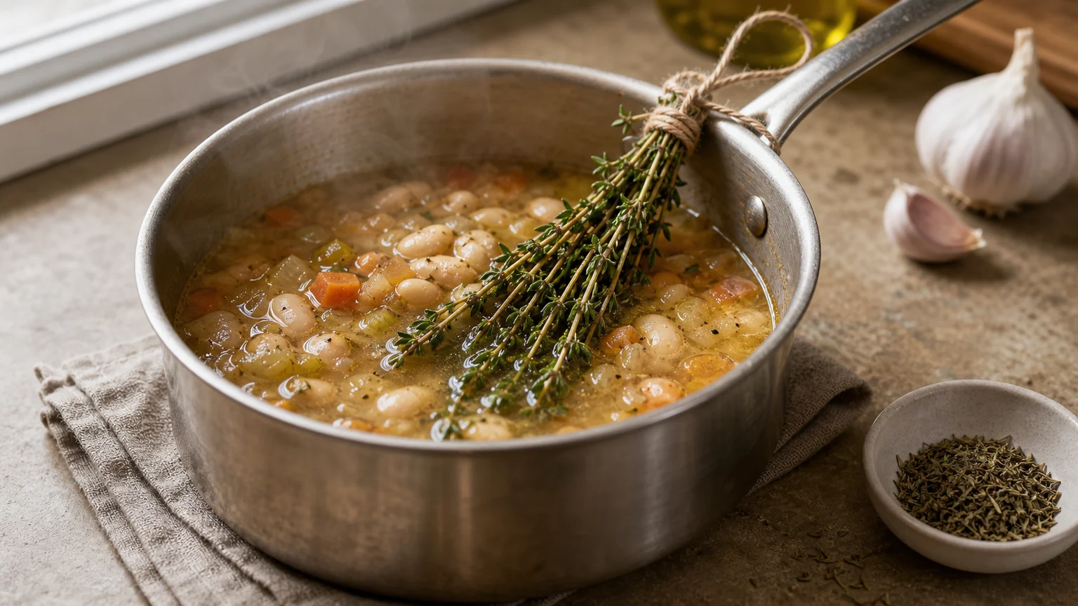 Dried thyme and a fresh thyme sprig going into a simmering pot early in the cook