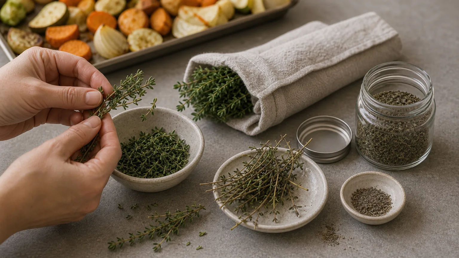 Fingers stripping thyme leaves from the stem into a small bowl beside a glass storage jar
