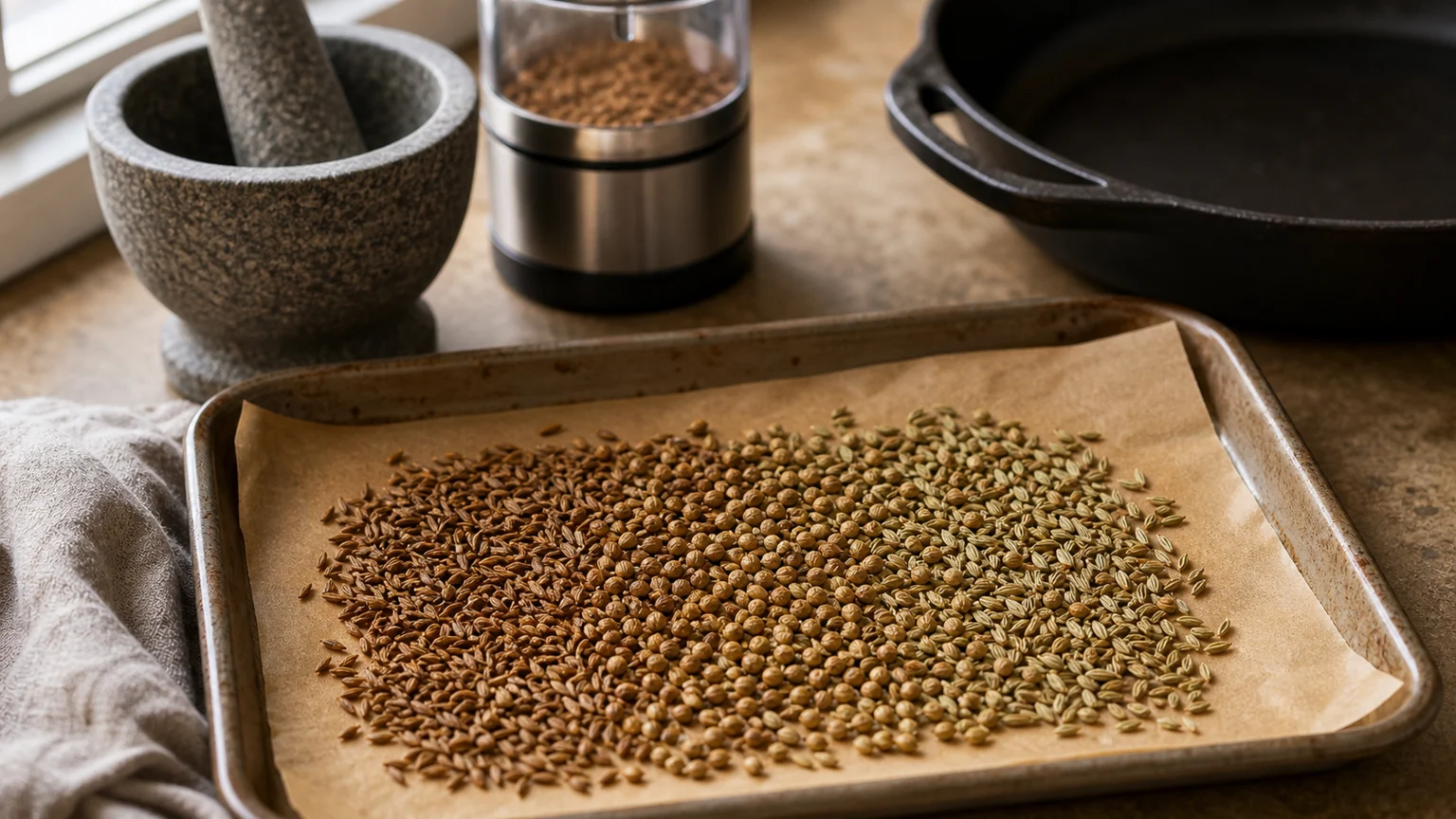 Toasted cumin coriander and fennel seeds cooling beside a mortar and pestle before grinding