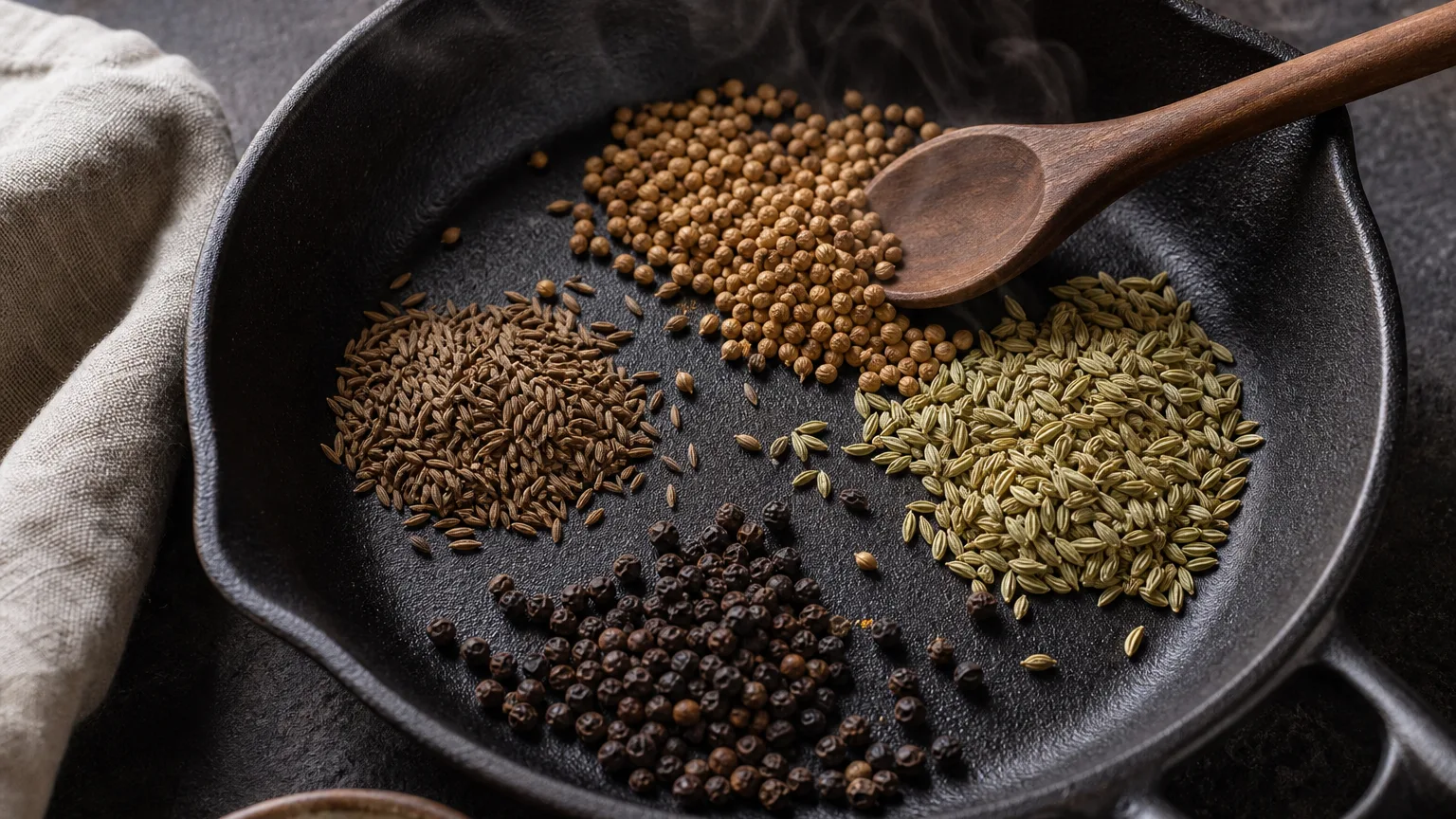 Whole cumin, coriander, fennel, and pepper seeds toasting in a dry skillet with a wooden spoon
