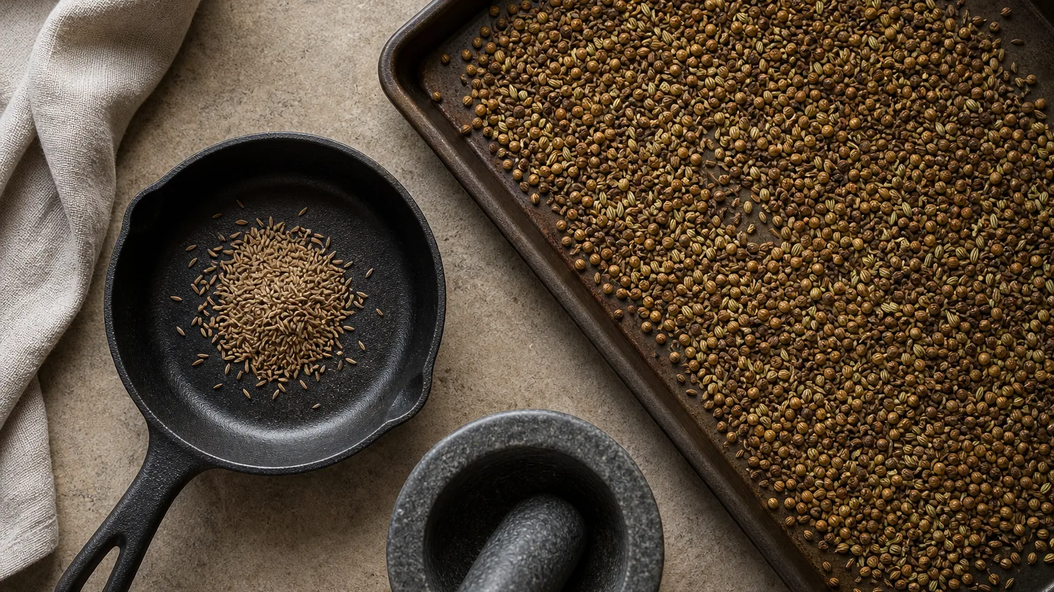 A small dry skillet with cumin seeds beside a sheet pan of whole spices and a mortar