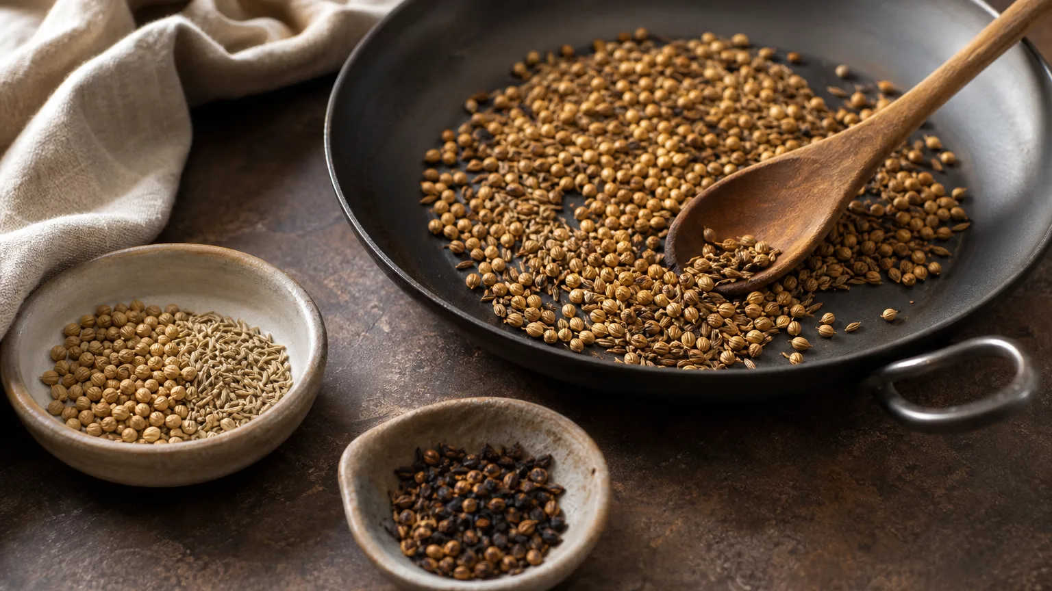 Correctly toasted spice seeds beside pale untoasted seeds and a small scorched sample