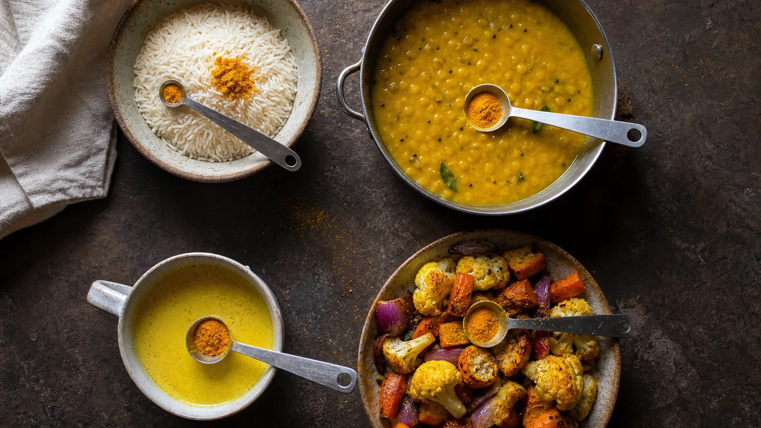 Measured turmeric portions beside rice, dal, golden milk, and roasted vegetables