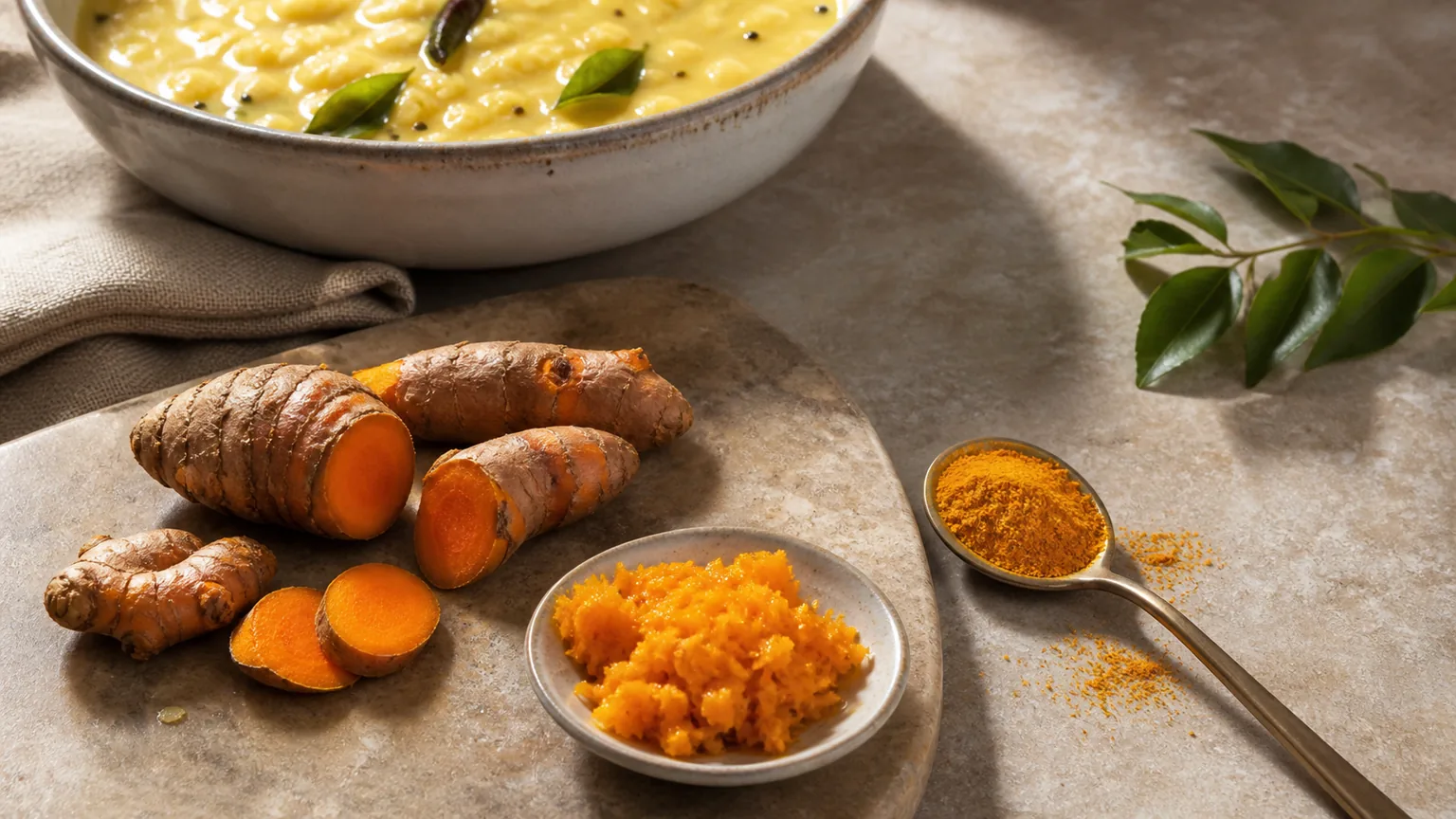 Fresh turmeric root, grated turmeric, dried ground turmeric, and a bowl of dal