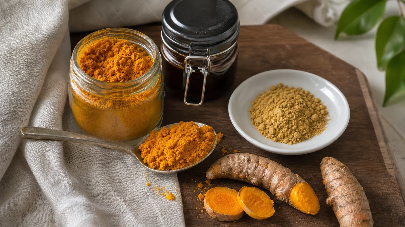 Fresh vivid turmeric powder beside a dull stale powder sample, fresh root, and storage jar