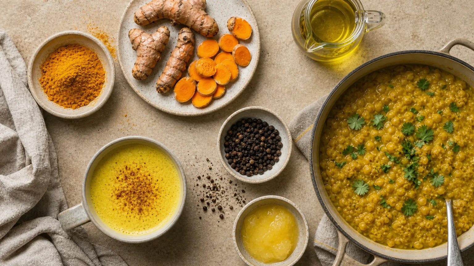 Ground turmeric blooming in oil in a pan with onions before liquid is added