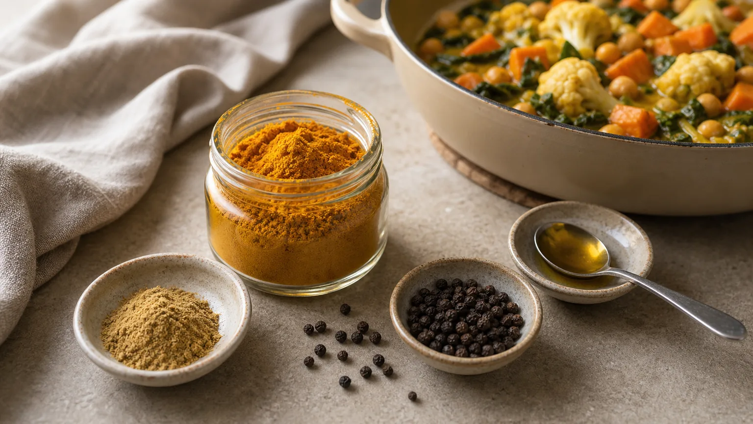 Bright fresh turmeric powder beside a dull faded sample with a spoon and a bowl of lentil soup