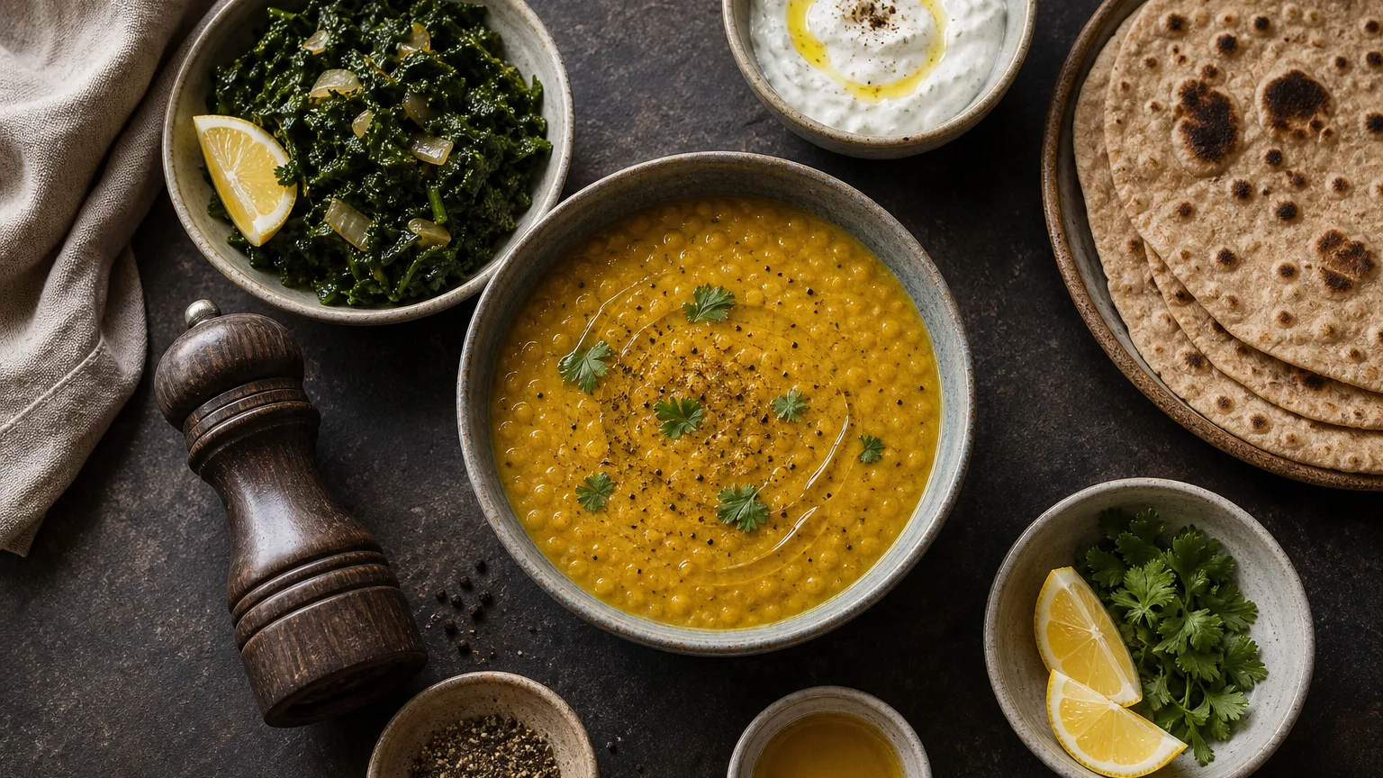 A lentil dal bowl with turmeric, onion, ginger, and pepper, showing turmeric as part of a full meal