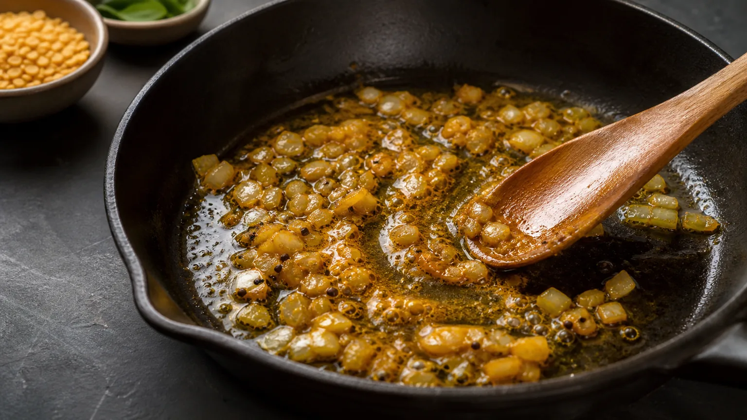 Ground turmeric blooming in oil with onions in a dark skillet before liquid is added