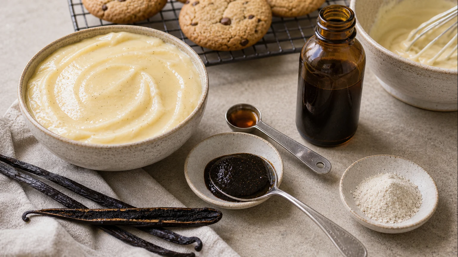 Vanilla beans, extract bottle, paste spoon, vanilla powder, custard, cookies, whipped cream, and cake batter