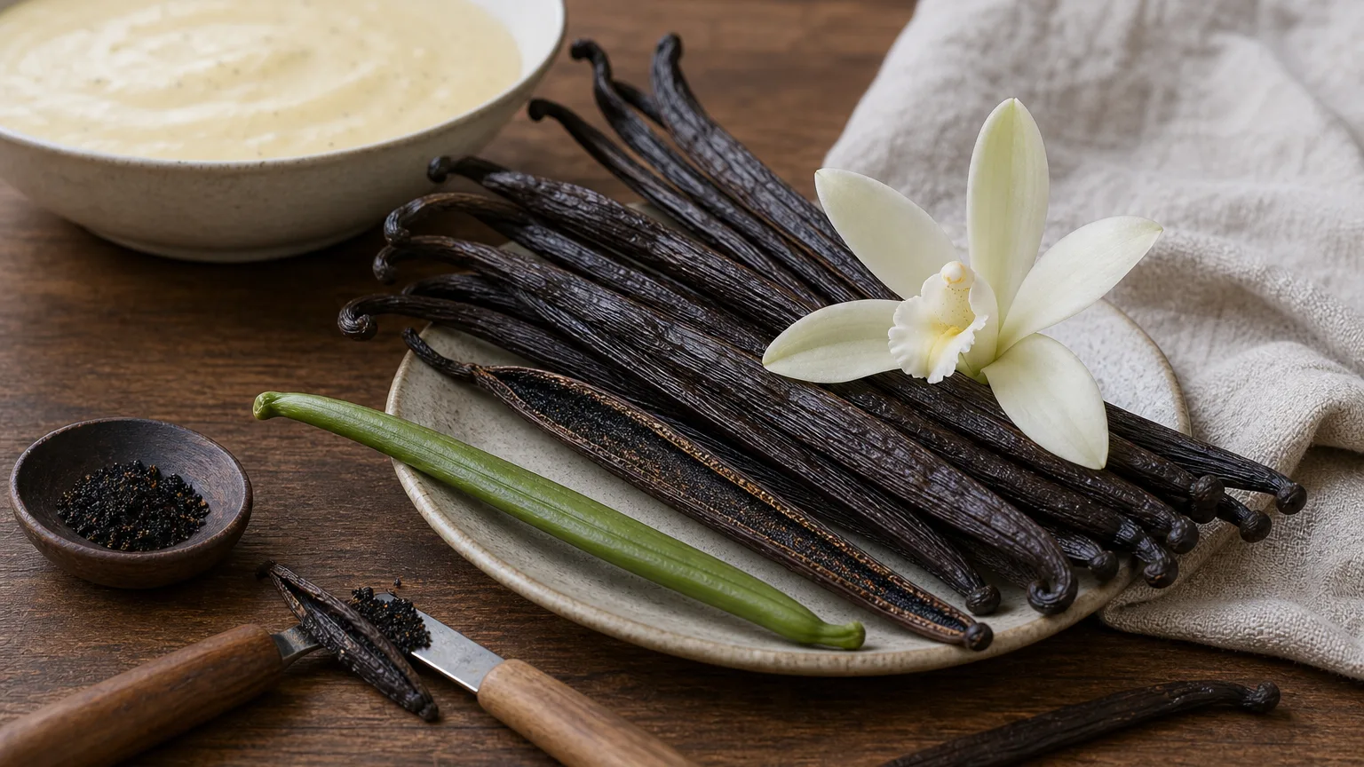 Vanilla orchid flower, green vanilla pod, cured vanilla beans, small tool, and custard bowl